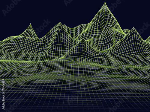 Abstract mountains range mesh yellow background. 3D terrain grid on dark blue.