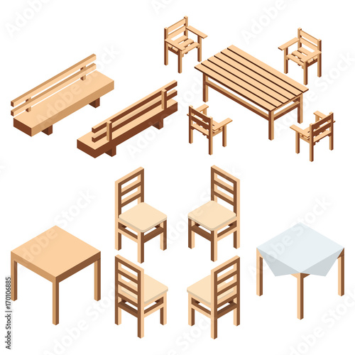 Garden and house furniture. A bench park and chairs with a table from wooden boards for the estate and a country house.  A table with a cloth for kitchen and the dining room. Isometric style vector.