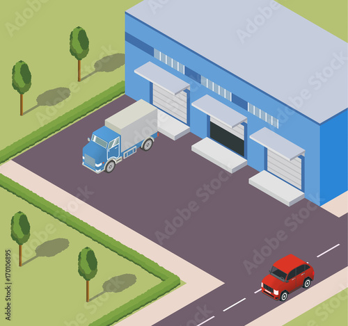 The isometric warehouse building flat trucks and the road.design elements for infographic,engineering and warehouse firms, companies on cargo delivery. For booklets,leaflets,banners on the websites
