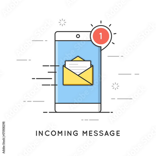 Incoming email notification, new message. Flat line art style concept. Vector banner, icon, illustration. Editable stroke.