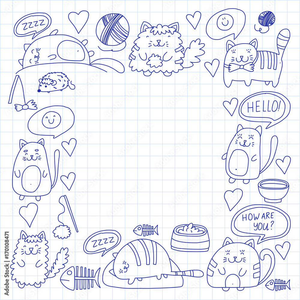 Cute kittens Cat icons Kids drawing Children drawing Doodle domestic cats for veterinary, cattery, zoo, kindergarten, pre-school Cat's nursery