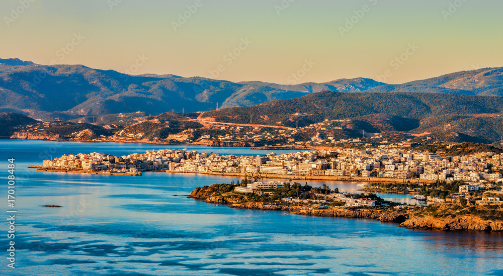 Panoramic view of Agios Nikolaos in the early morning, Crete