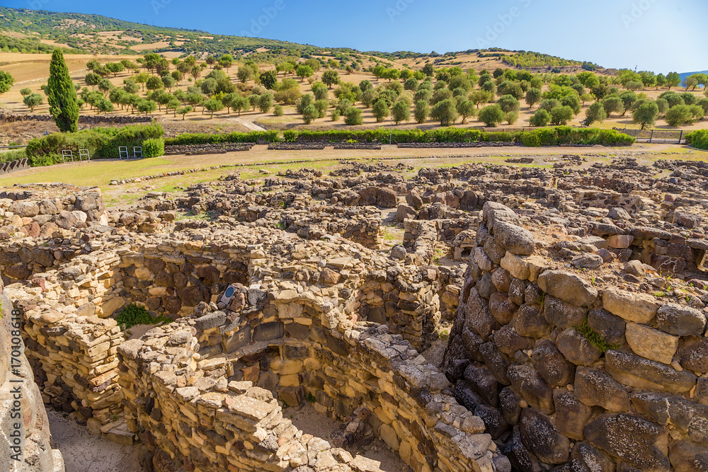 Barumini, Sardinia, Italy. Ruins of megalithic prehistoric nuragic complex of Su Nuraxi. UNESCO World Heritage List