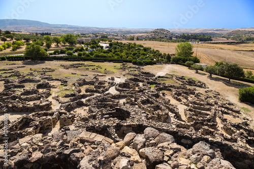 Barumini, Sardinia, Italy. View of the ruins from the central tower of the nuragic archeological complex of Su Nuraxi di Barumini. UNESCO World Heritage List.