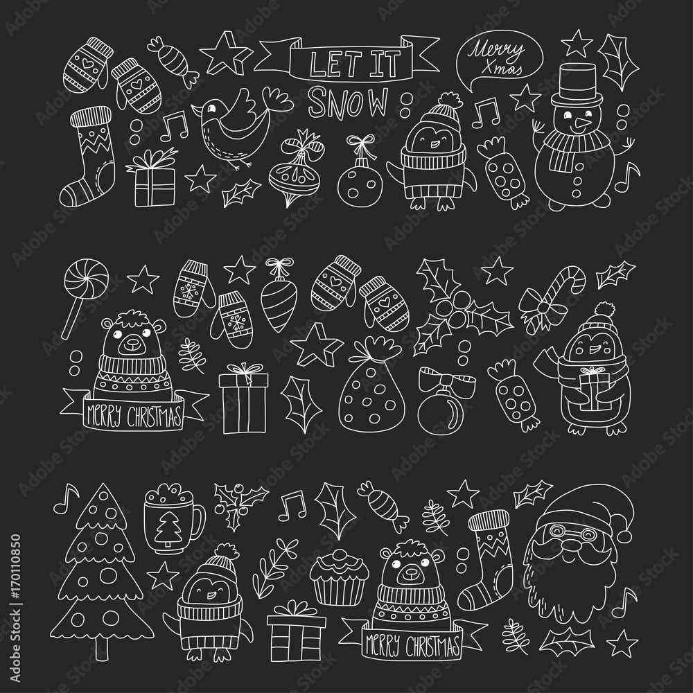 Christmas Xmas New year Christmas icons for backgrounds, decoration, patterns, cards, ornaments Doodle christmas tree with lights and balls New year celebration and party with bear and Santa Claus
