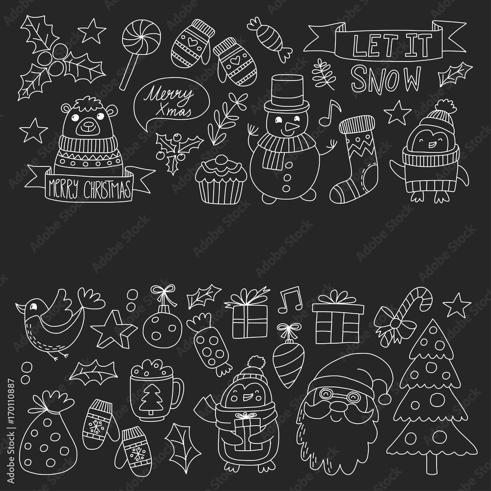 Christmas Xmas New year Christmas icons for backgrounds, decoration, patterns, cards, ornaments Doodle christmas tree with lights and balls New year celebration and party with bear and Santa Claus