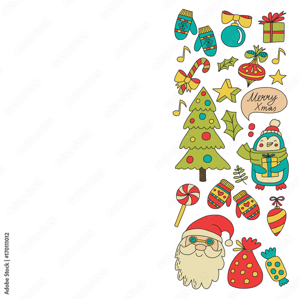 Christmas Xmas New year Christmas icons for backgrounds, decoration, patterns, cards, ornaments Doodle christmas tree with lights and balls New year celebration and party with bear and Santa Claus