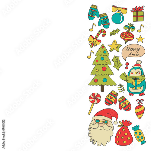 Christmas Xmas New year Christmas icons for backgrounds, decoration, patterns, cards, ornaments Doodle christmas tree with lights and balls New year celebration and party with bear and Santa Claus