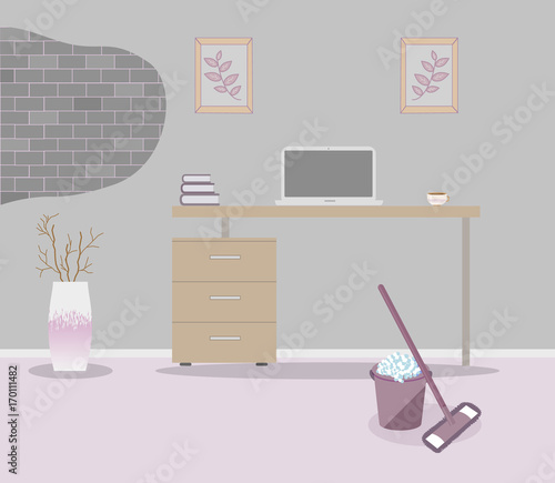 Office in loft style on a gray background. Vector illustration Table with drawers,decorative branches in a beautiful vase floor, cute paintings.Cup with coffee,laptop,books. MOP and bucket,soapy foam 