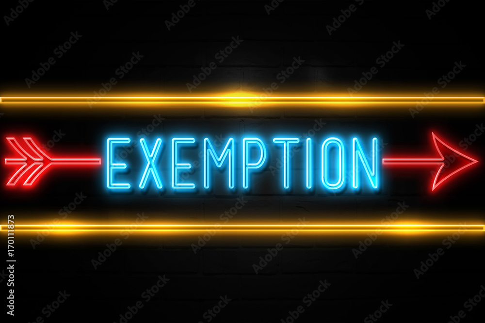 Exemption - fluorescent Neon Sign on brickwall Front view Exemption - fluorescent Neon Sign on brickwall Front view