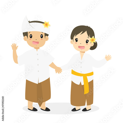 Indonesian boy and girl wearing Bali traditional dress and holding hand, cartoon vector illustration