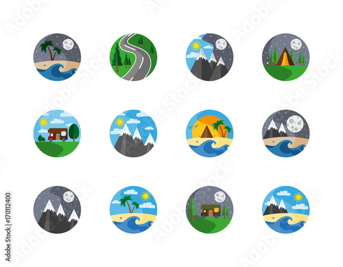 Tourism, hiking, camping, mountain and travel. Logotype. Badge. Symbols of nature and camping.