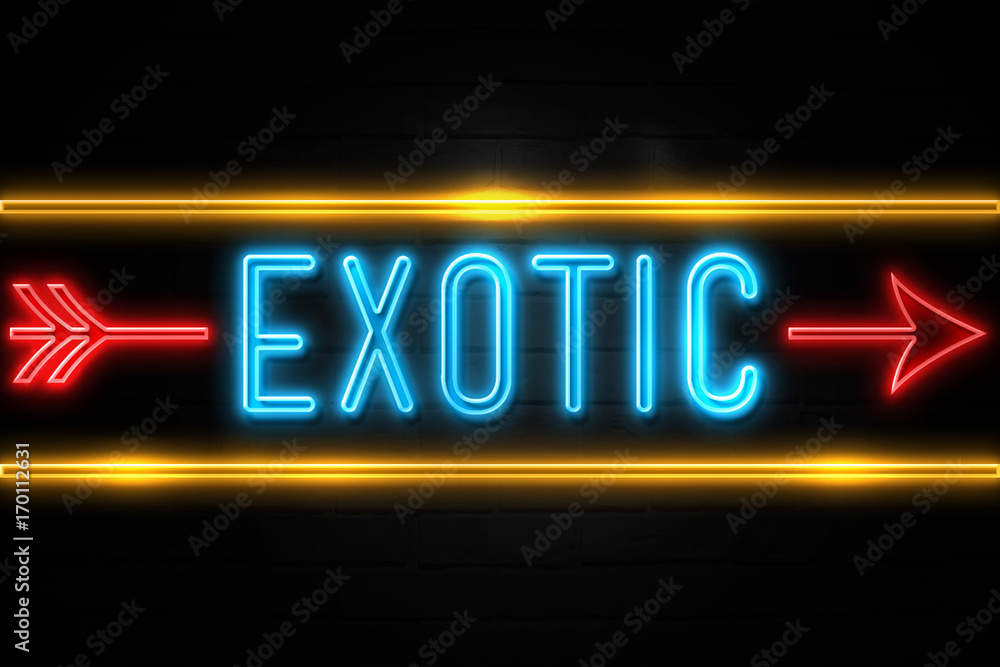 Fototapeta premium Exotic - fluorescent Neon Sign on brickwall Front view