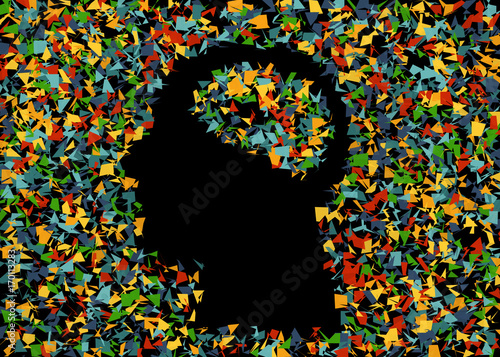 Generative human head with binary digit and random shape background. Vector. Concept of artificial intelligence, AI