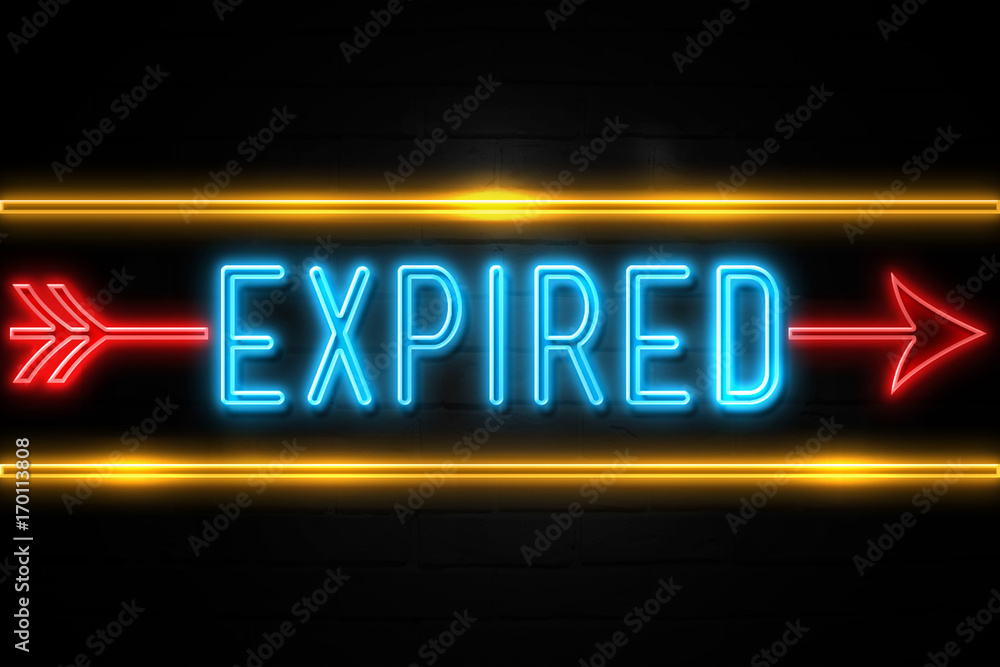 Expired - fluorescent Neon Sign on brickwall Front view Expired - fluorescent Neon Sign on brickwall Front view