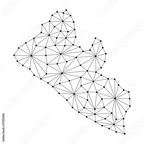 Liberia map of polygonal mosaic lines network, rays and dots vector illustration.
