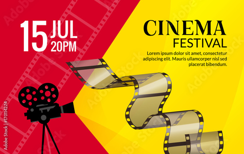 Cinema festival poster template. Vector camcorder and line videotape illustration. Movie festival art background