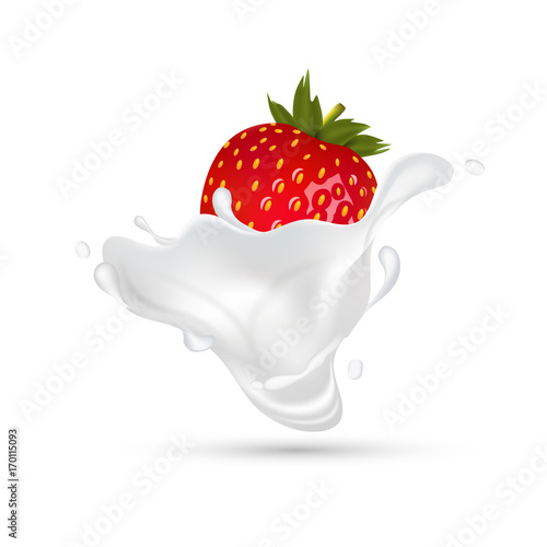 Red strawberry in milk splash. Healthy liquid food. Fresh strawberry fruit and milk