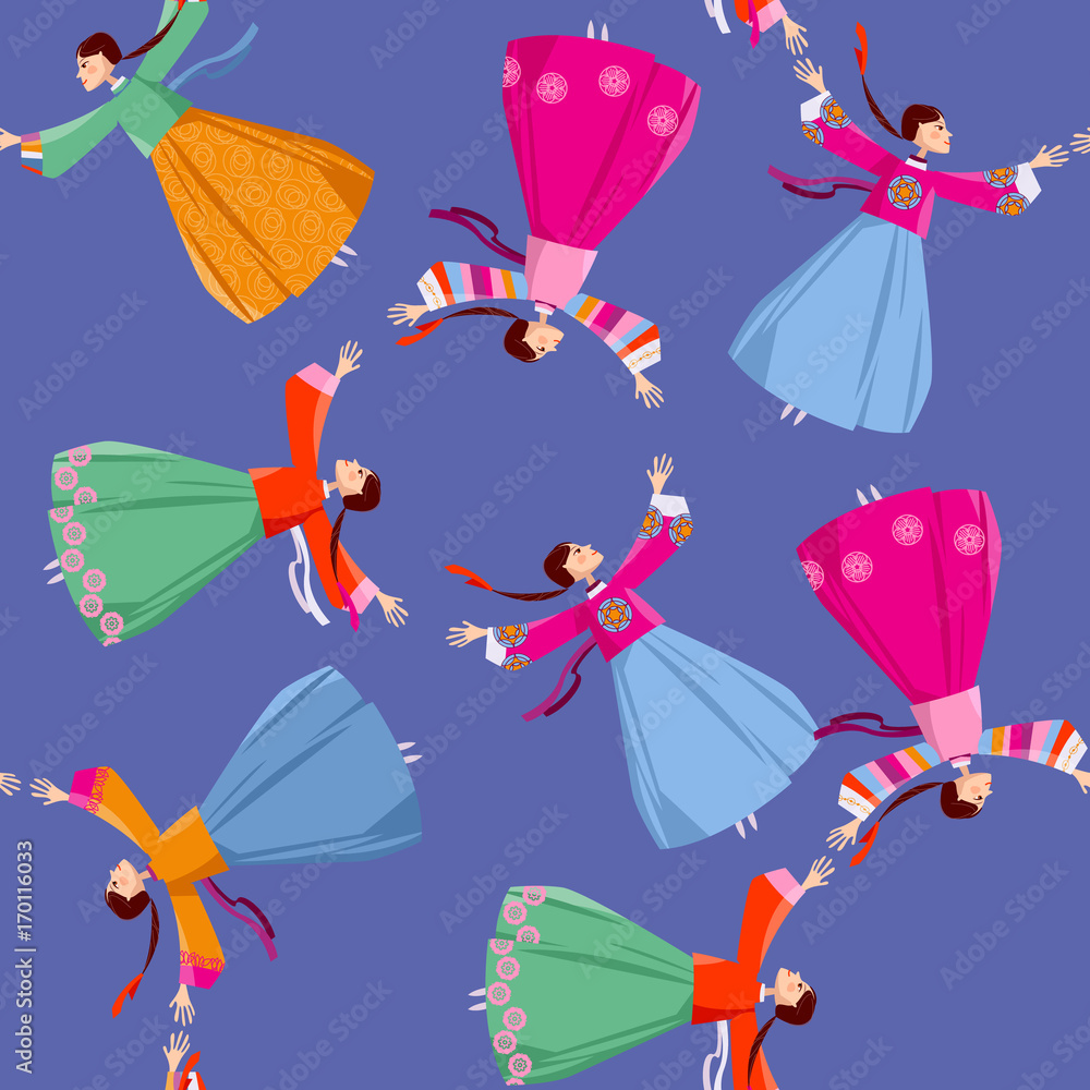 Women in traditional Korean dress go around in circle holding hands. The Ganggangsullae folk