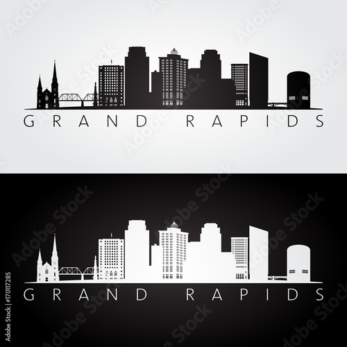 Grand Rapids USA skyline and landmarks silhouette, black and white design, vector illustration.