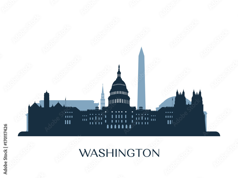 Washington skyline, monochrome silhouette. Vector illustration.