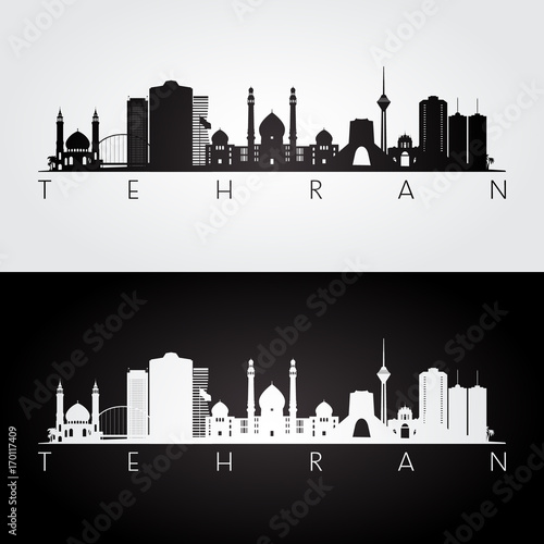 Tehran skyline and landmarks silhouette, black and white design, vector illustration.