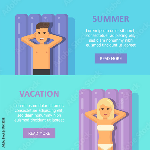 Man and woman floating on mattresses in a swimming pool banners