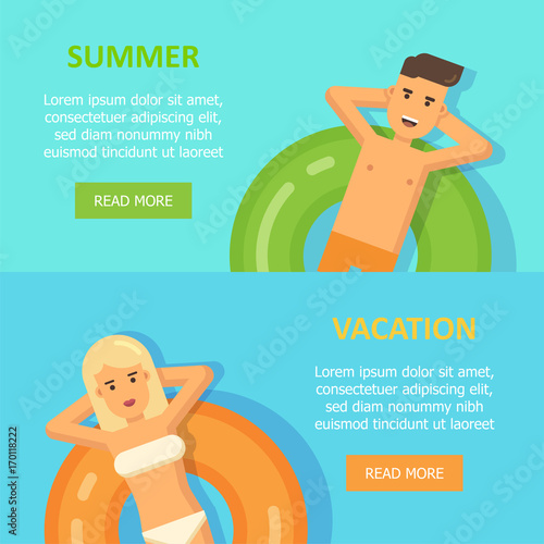 Man and woman floating on inflatable circles in a swimming pool banners