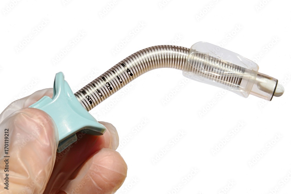 Reinforced fenestrated tracheostomy tube with deflated cuff and obturator inside held in left hand in latex glove, white background Reinforced fenestrated tracheostomy tube with deflated cuff and obturator inside held in left hand in latex glove, white background