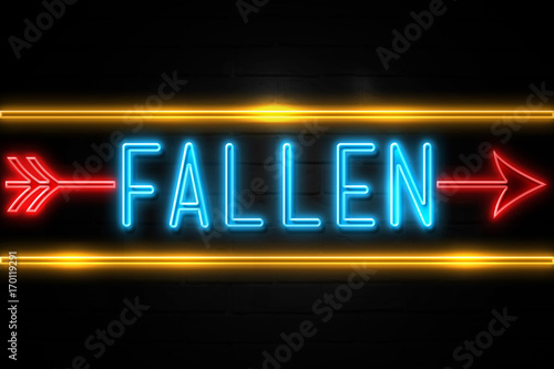 Fallen - fluorescent Neon Sign on brickwall Front view