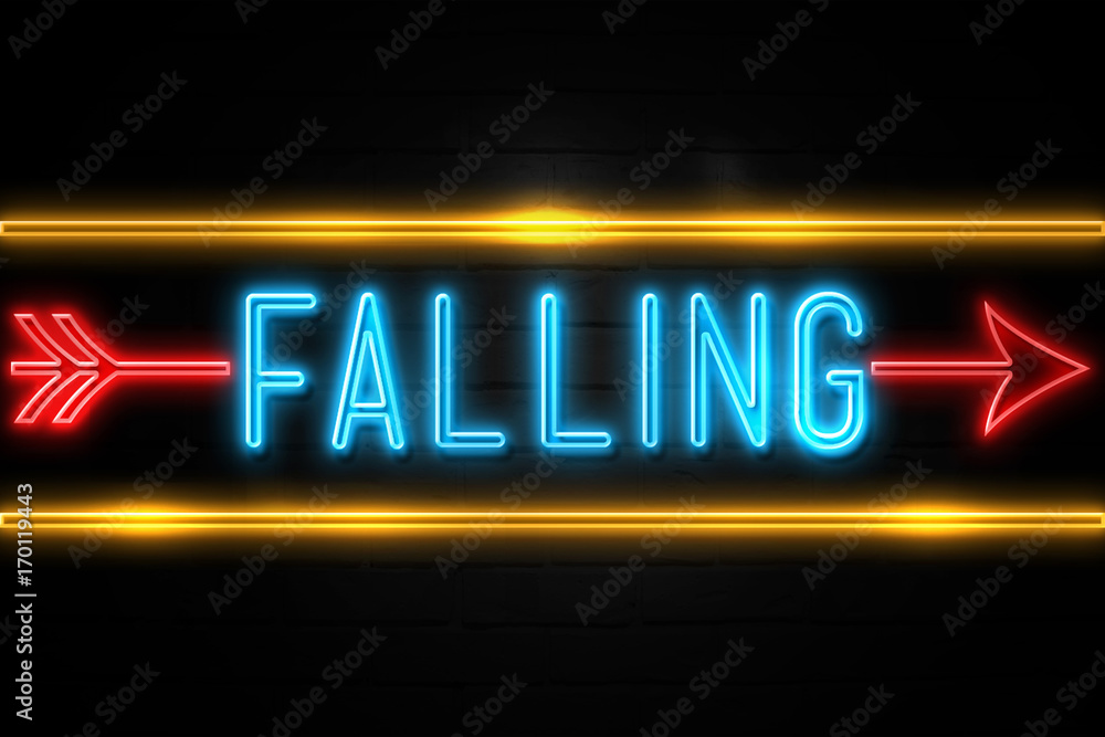 Falling  - fluorescent Neon Sign on brickwall Front view