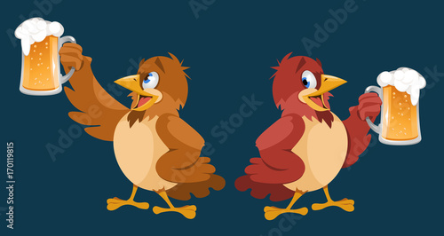Funny sparrow giving a toast with a mug of beer. Oktoberfest Party or just a weekend. On dark background. Cartoon styled vector illustration. No transparent objects. 