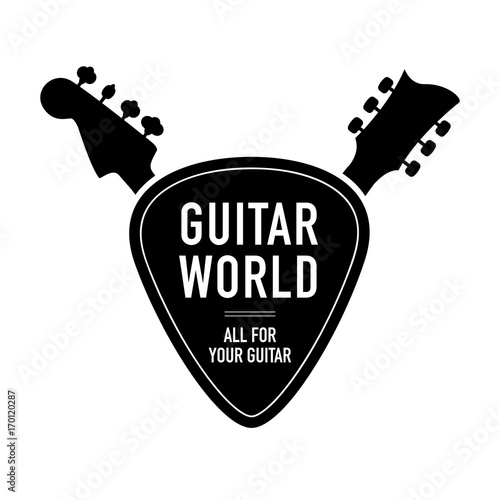 Logo for musical instruments shop, store, record studio, label. Guitar neck silhouette and plectrum shape