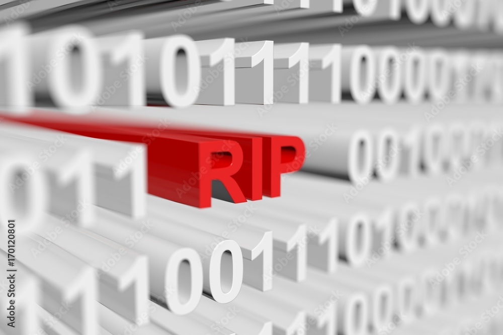 RIP in binary code with blurred background 3D illustration