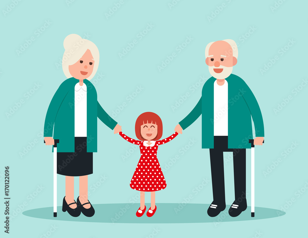 Family. Two elderly with grandchild. Concept elderly vector illustration. Design flat character.