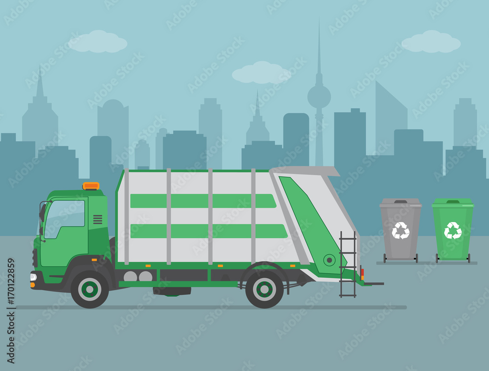 Garbage truck and garbage cans on city background. Ecology and recycle concept. Vector illustration.
Garbage truck and garbage cans on city background. Ecology and recycle concept. Vector illustration.