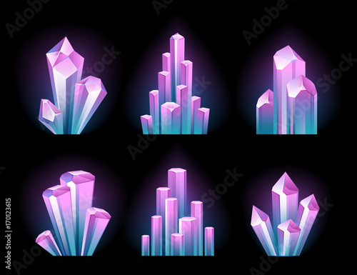 Colorful glowing crystals set.