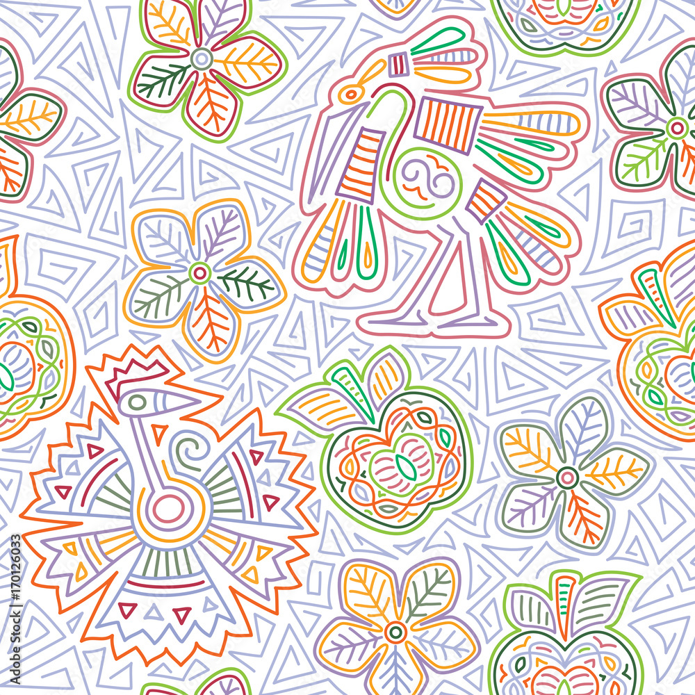 Mexican embroidery seamless pattern. Colorful and ornate ethnic pattern. Birds and flowers light background. Floral background with bright ethnic ornament.