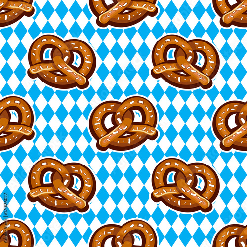 Seamless pattern with pretzels for Oktoberfest on Bavarian flag background.