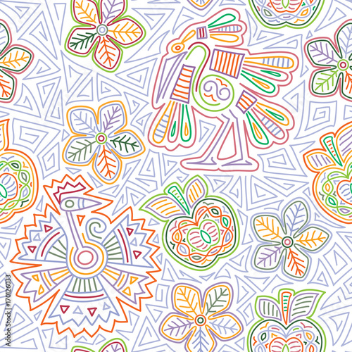 Mexican embroidery seamless pattern. Colorful and ornate ethnic pattern. Birds and flowers light background. Floral background with bright ethnic ornament.