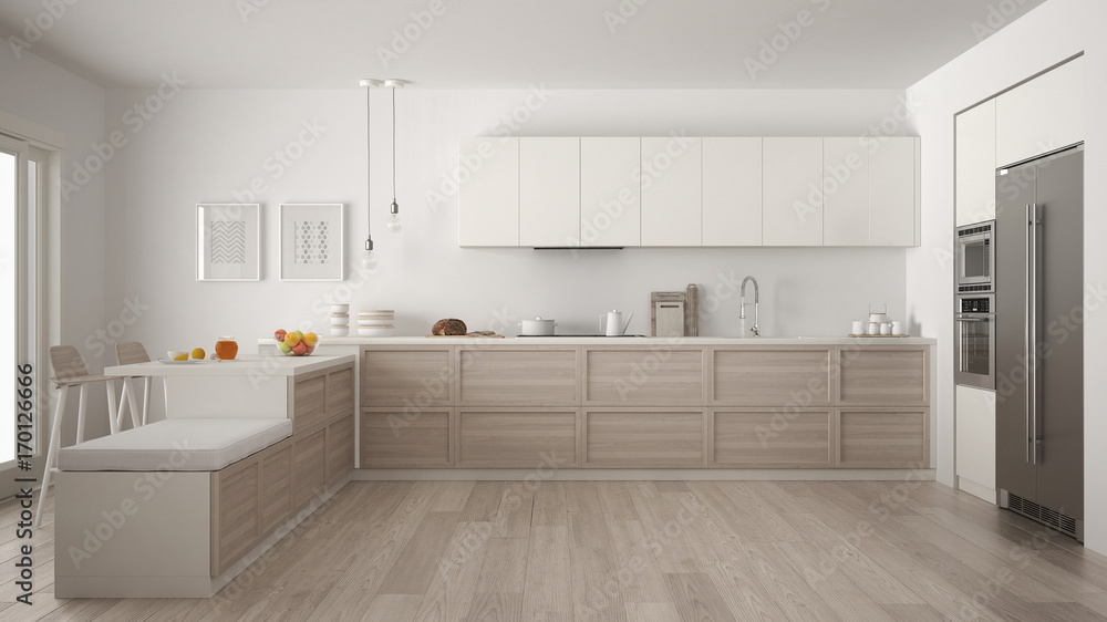 Classic modern kitchen with wooden details and parquet floor, minimalist white interior design