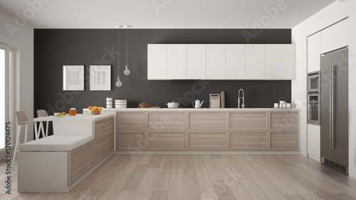 Classic modern kitchen with wooden details and parquet floor  minimalist white and gray interior design
