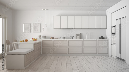 Unfinished project of classic kitchen with wooden details and parquet floor, minimalist white interior design