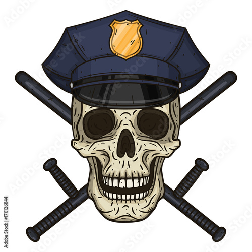 Vector illustration of human skull in police cap and crossed police baton in hand drawn style.