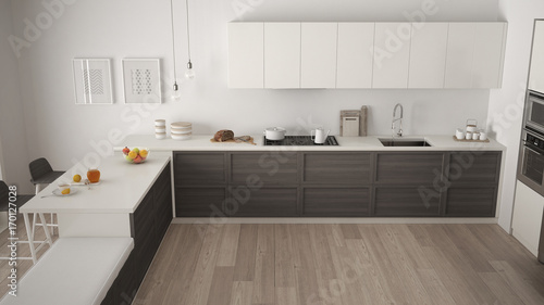 Modern kitchen with wooden details and parquet floor, minimalist white and gray interior design, top view