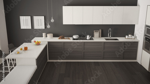 Modern kitchen with wooden details and parquet floor, minimalist white and gray interior design, top view