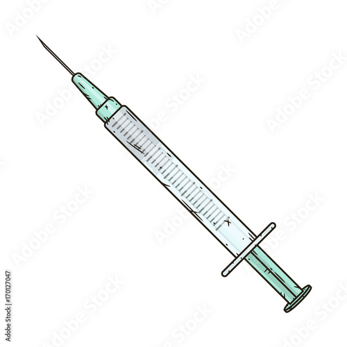 Syringe for medical vaccines. Vector cartoon illustration in hand drawn style on a white background.