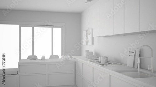 Total white project of modern kitchen  healthy breakfast  minimalist interior design