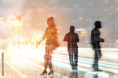 Business People Walking on Double exposure of a Cityscape