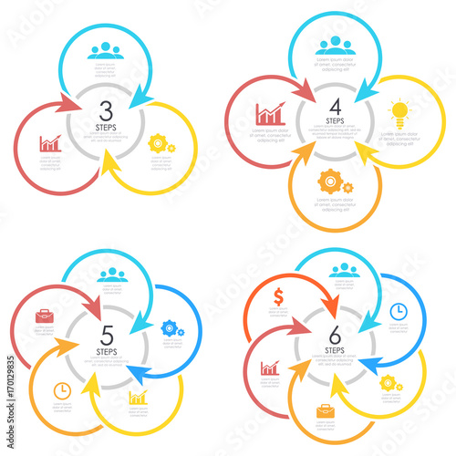 Set outline round infographic element. Circle template 3, 4, 5, 6 steps with arrows.